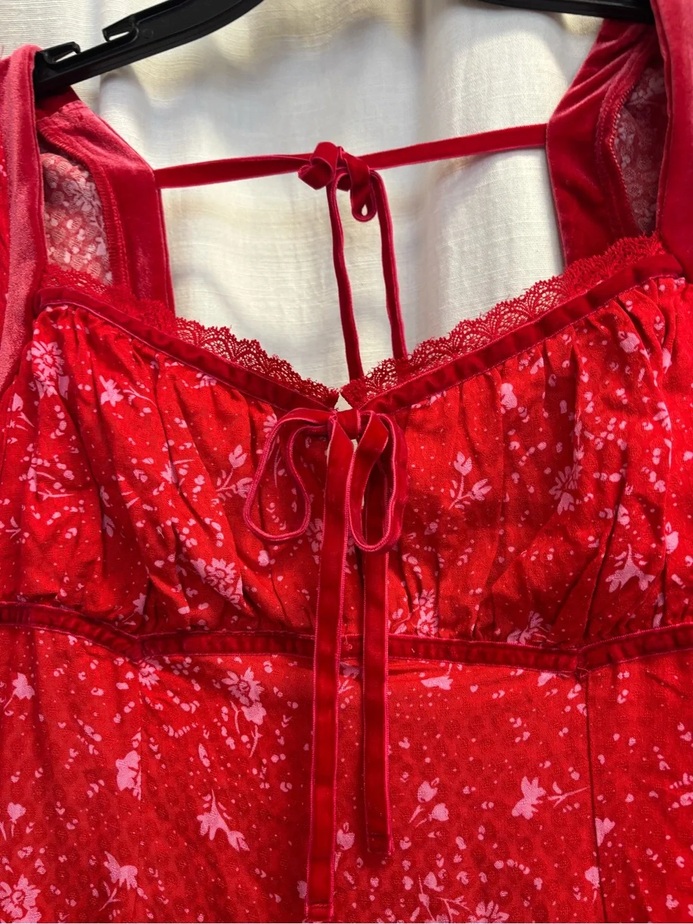 Free People Red Floral Tie-Front Long-Sleeve Mini Dress